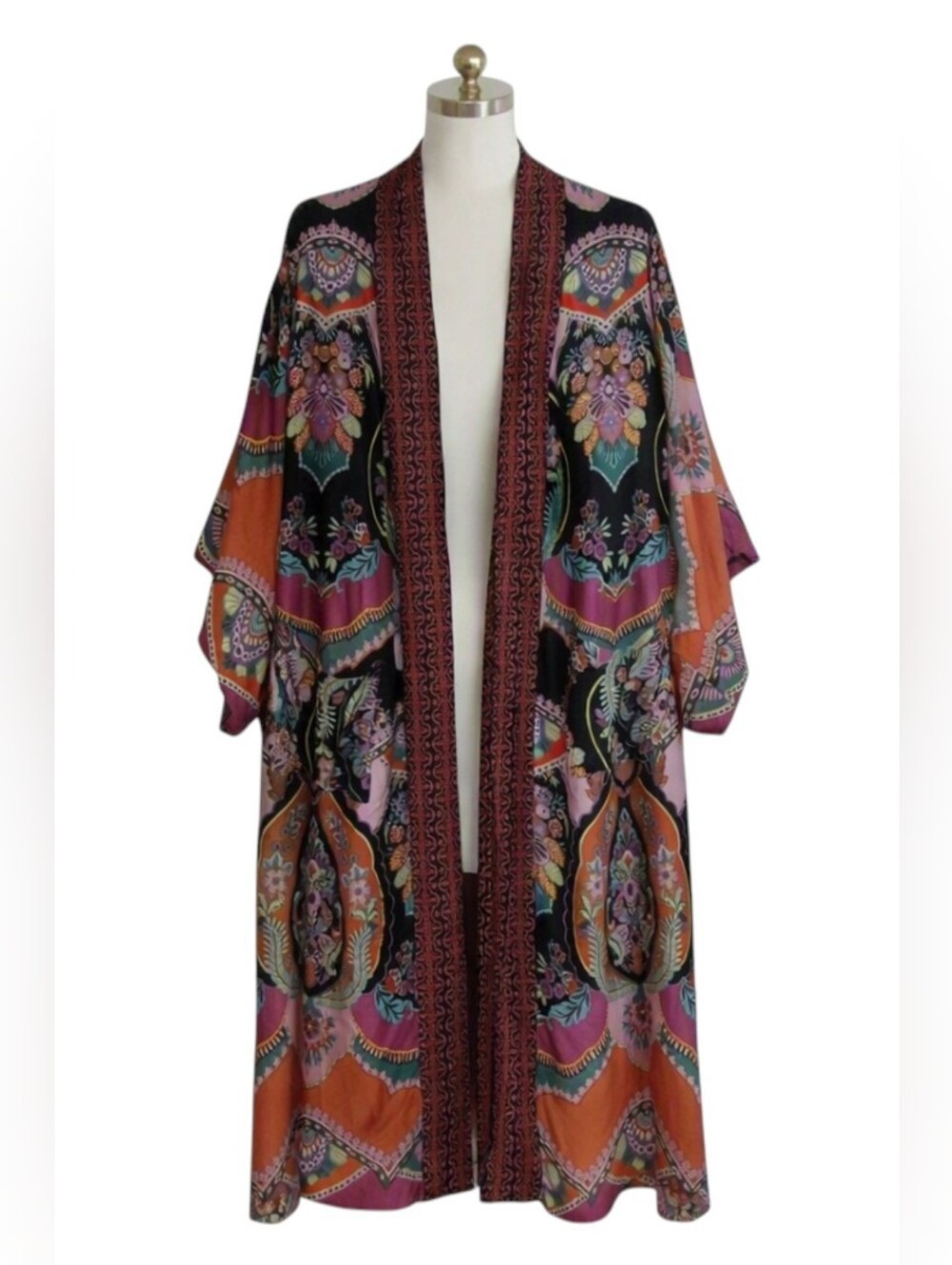 Rachel Zoe Black Kimono Robe with Pink & Orange Floral Print